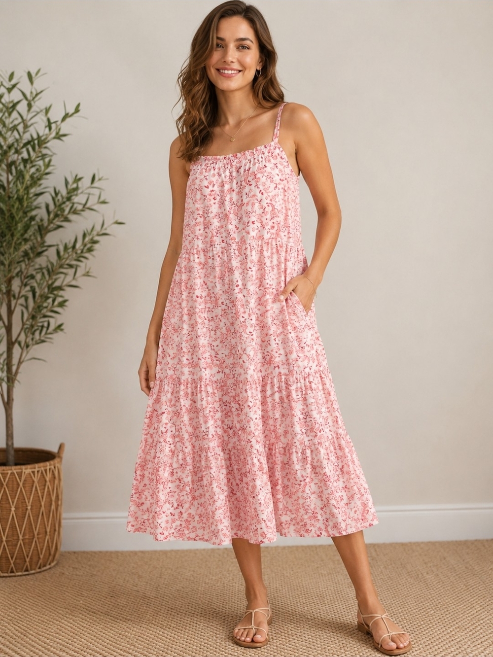 Old Navy Pink Floral Paisley Tiered Spaghetti-Strap Midi Rayon Sundress Sz. L